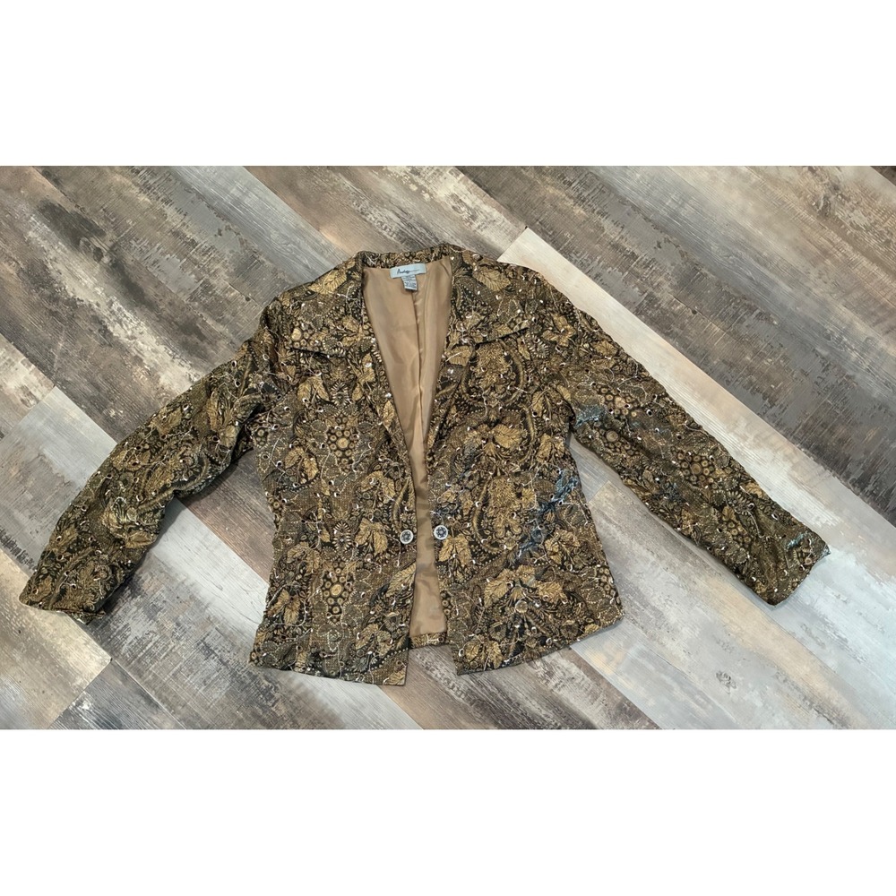 Analogy Womens Gold Black Paisley Brocade Sequin Blazer Jacket Size L Tapestry